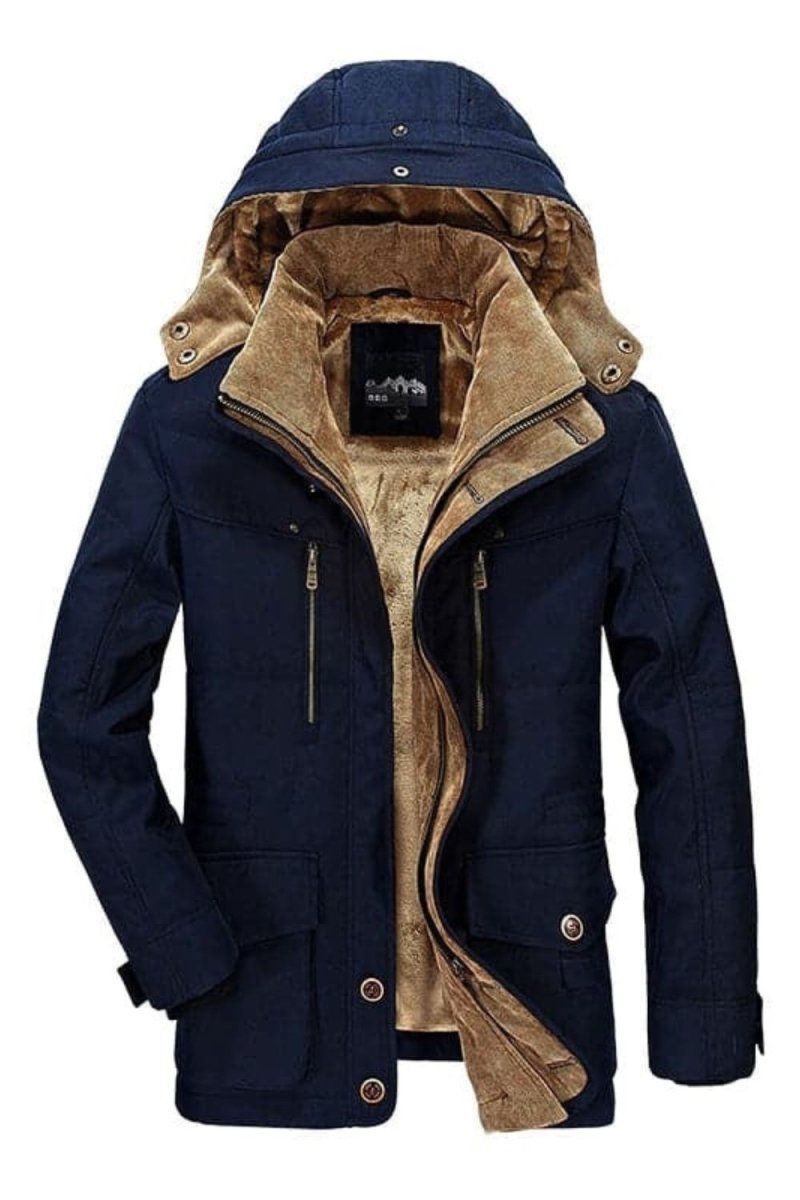 Navy blue Kouvr jacket with brown fur lining on a white background