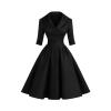 Product-only photo of the Kouvr Jenner black fit and flare dress laid flat to show its full shape and lapel collar details.