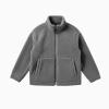 Top-down flat lay of the Julie full-zip sherpa jacket in gray on a white background, displaying its texture and construction.