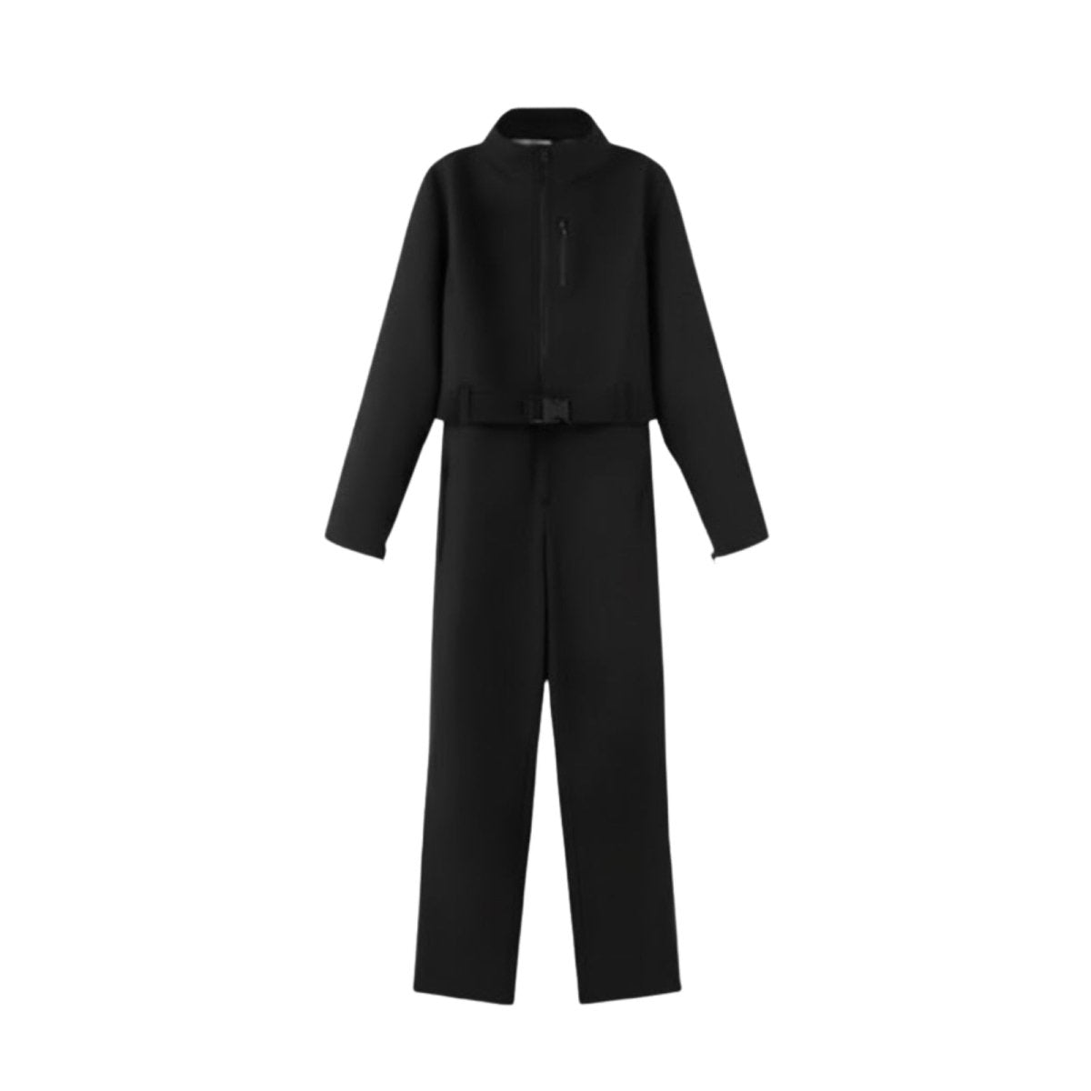 Flat lay of the Kouvr Junnie black technical jumpsuit showing the front zipper, chest pocket, and belt buckle detail.