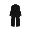 Flat lay of the Kouvr Fashion women's black suit, showing the front of the single-breasted blazer and matching wide-leg pants on a white background.