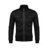 High-resolution product image of the Kouvr Kent men's black zip-up military jacket with shoulder epaulets and gunmetal hardware.