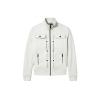 Flat lay photo of the Kouvr Kent white jacket for men, showing all details including chest pockets, vertical zip pockets, and black hardware.