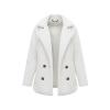 Flat lay of the Kouvr Kianna double-breasted bouclé coat, open to show the interior lining and detailed horn buttons.