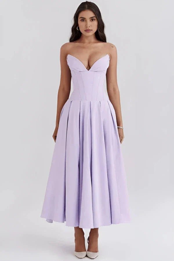 structured bodice, A-line silhouette, sculptural fit, wedding guest attire, and special occasion dress