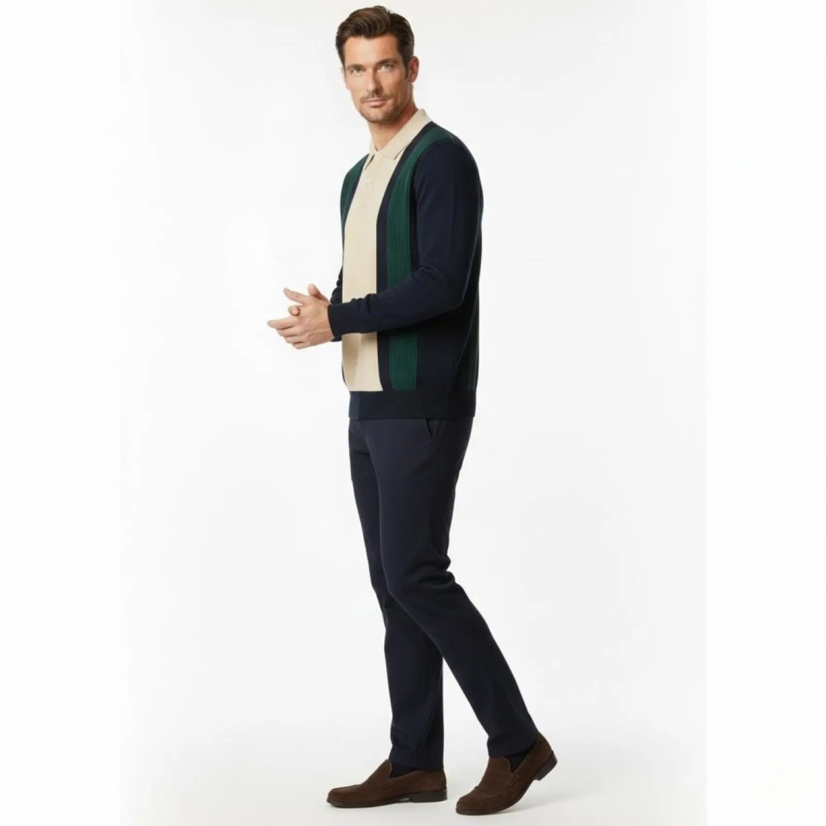Side view of a man wearing the Kouvr Leandro retro-style polo sweater, showing the fit and sleeve detail.