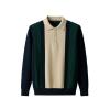 Flat lay of the Kouvr Leandro colorblock polo sweater showing the texture of the ribbed knit and mother-of-pearl buttons.