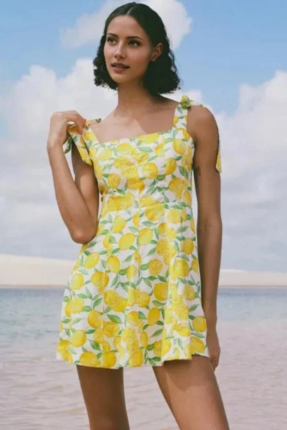Integrate throughout the description and backend: italian summer dress, amalfi coast style, tie shoulder mini dress, square neck sundress, fit and flare dress, resort wear, vacation dress for women, linen blend dress, brunch dress, bridal shower guest dress