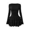 Flatlay of the Kouvr Leona black tiered ruffle mini dress showing ruched waist detail from the front.