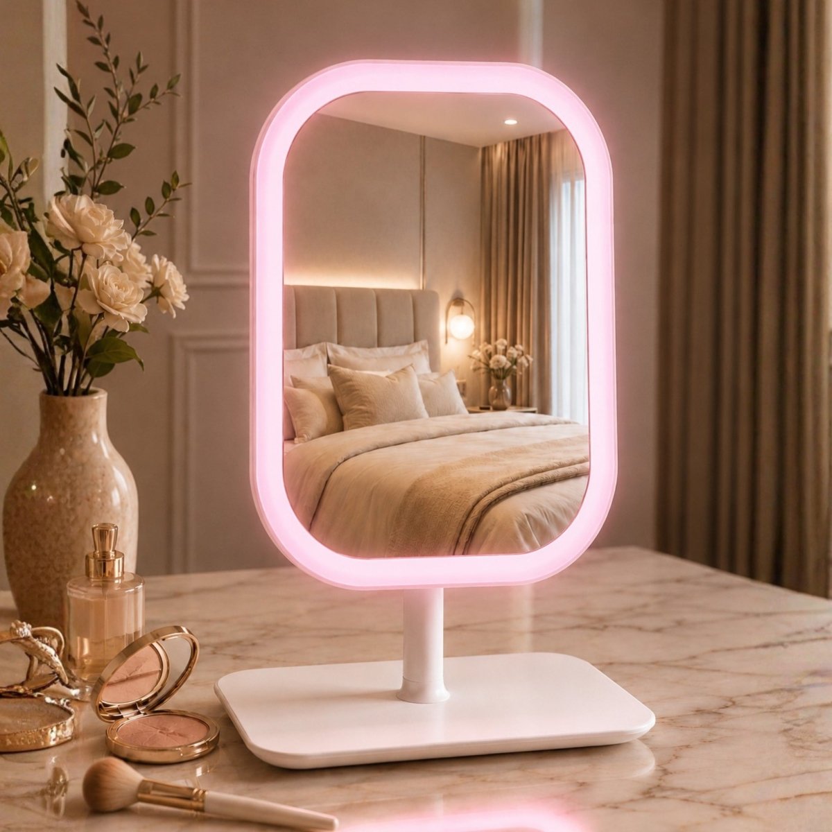 Kouvr luxury desktop vanity mirror displaying a vibrant pink LED light frame option beside fresh flowers and skincare bottles.