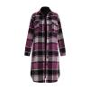 Flat lay product shot of the Kouvr long grey plaid shacket, open to show interior and button details.