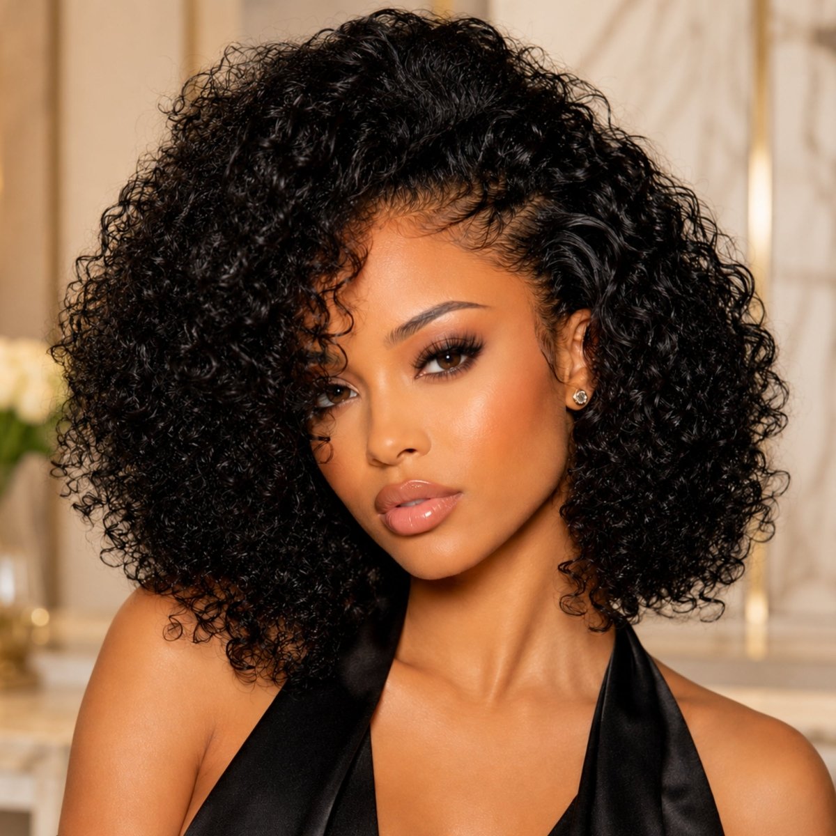 Close-up portrait of a woman wearing a voluminous 250% density kinky curly bob human hair wig by Kouvr.