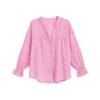 Flatlay product shot of the front of the Kouvr pink eyelet blouse, showing the ruffled collar, button placket, and ruffled cuffs.