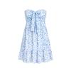 Product-only shot of the Melanie blue floral strapless mini dress with tie-front detail on a white background.