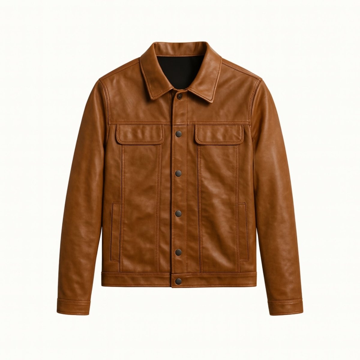 Flat lay product shot of the front of the Kouvr brown leather trucker jacket, showing the button placket and chest pockets.
