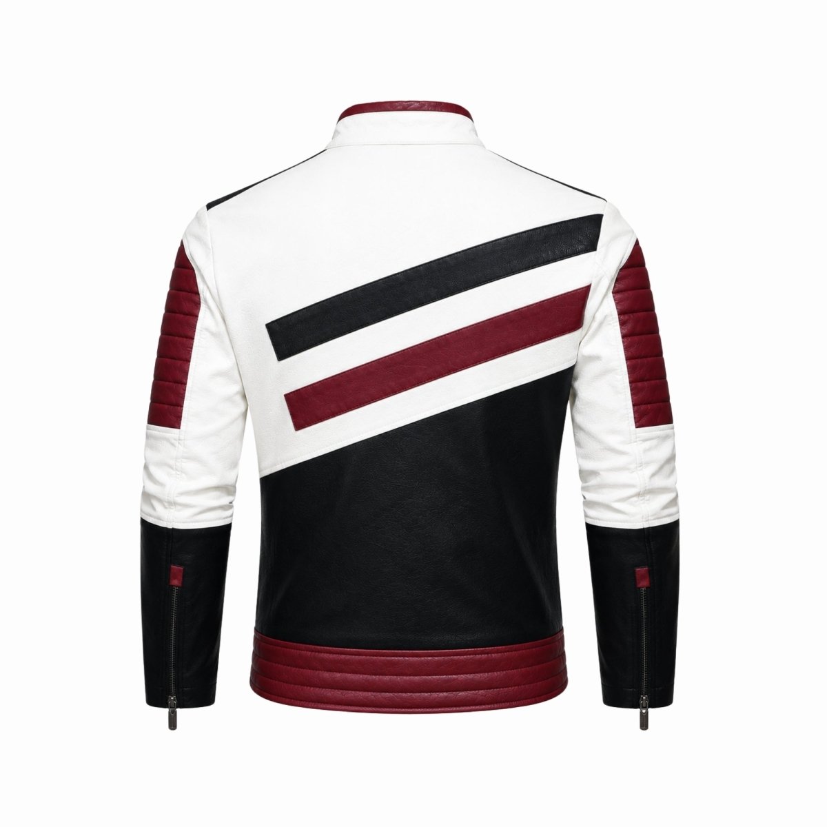 Rear flat lay product photo of the Kouvr men's quilted biker jacket displaying the ribbed red lower back panel for added comfort and style.
