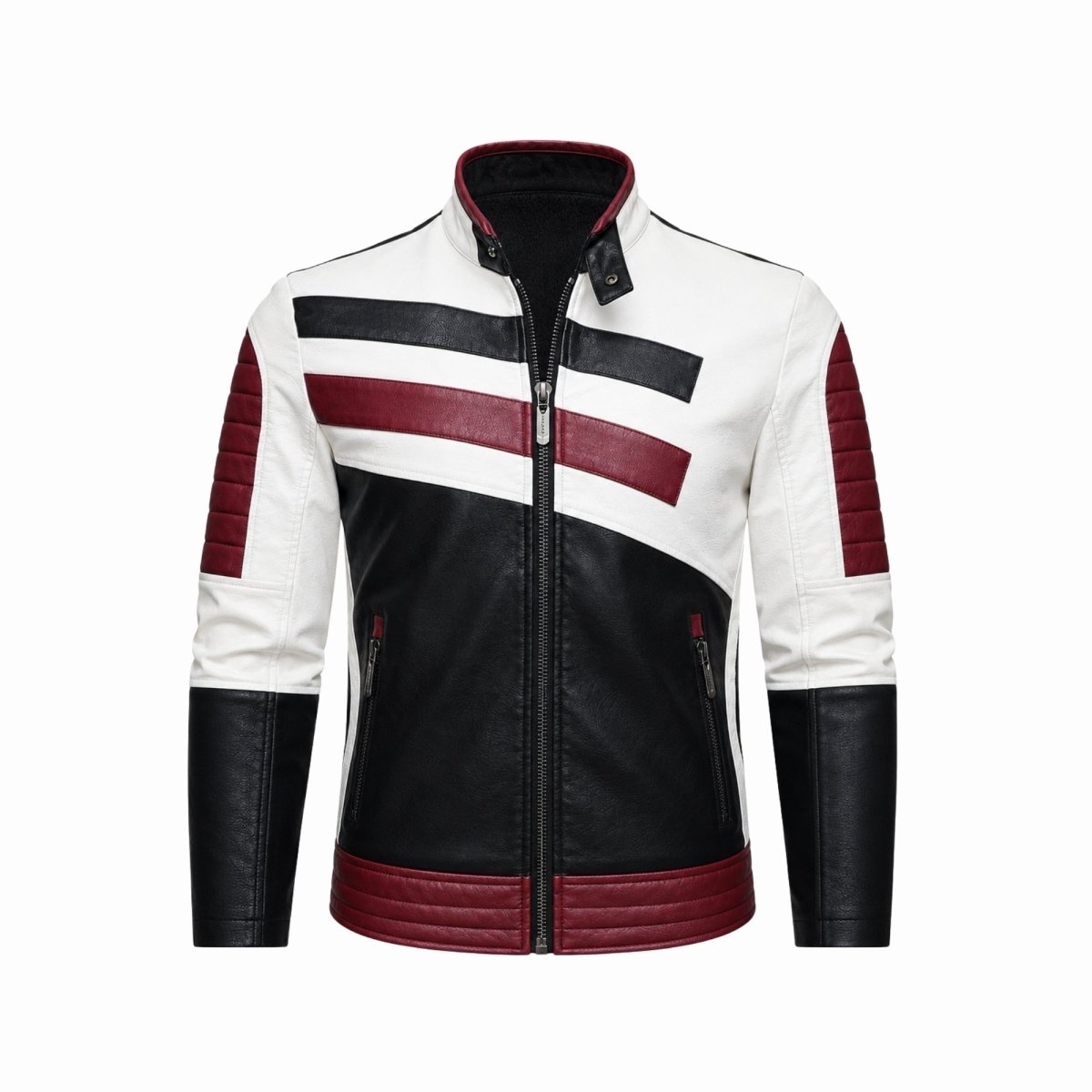 Clean product image of the Kouvr men's premium leather riding jacket in the red, white, and black colorway with visible metallic hardware.