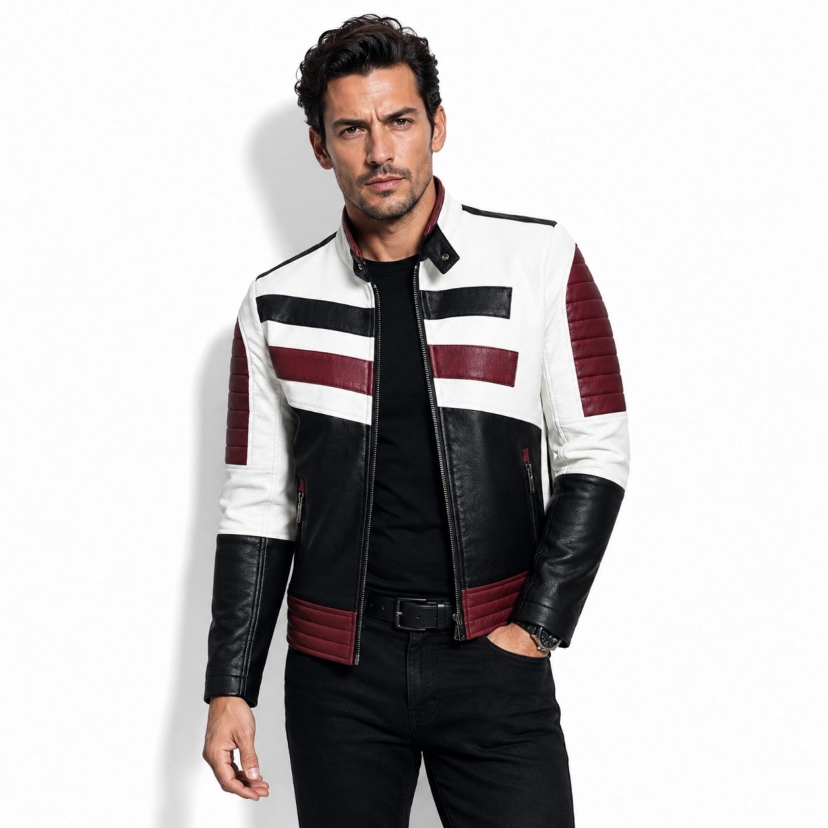 Male model looking confident in the Kouvr men's luxury white and black leather racing jacket featuring bold deep red stripes and a tailored slim fit.