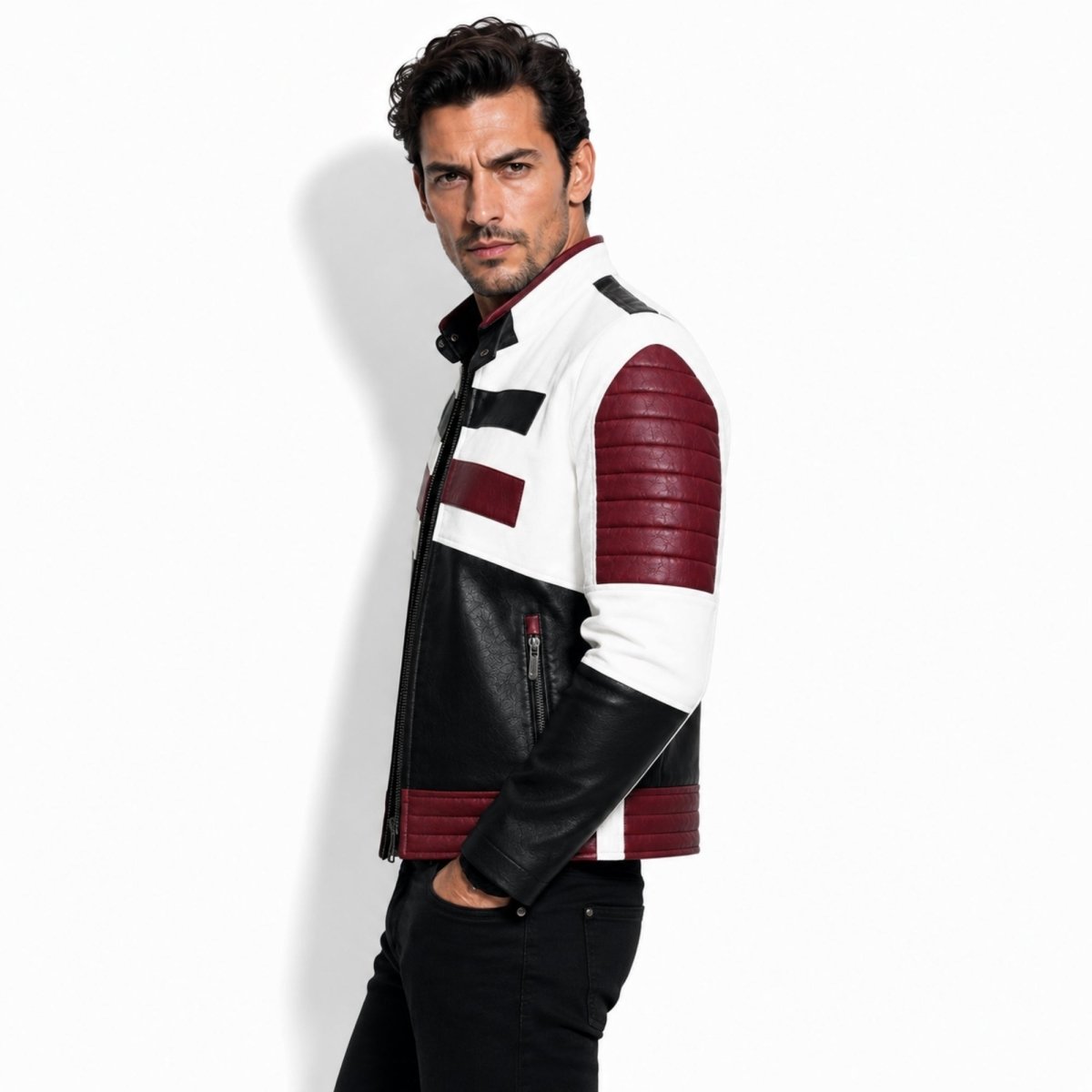 Profile shot of the Kouvr color block leather motorcycle jacket showing the rich red quilted shoulder texture and adjustable zippered cuffs.