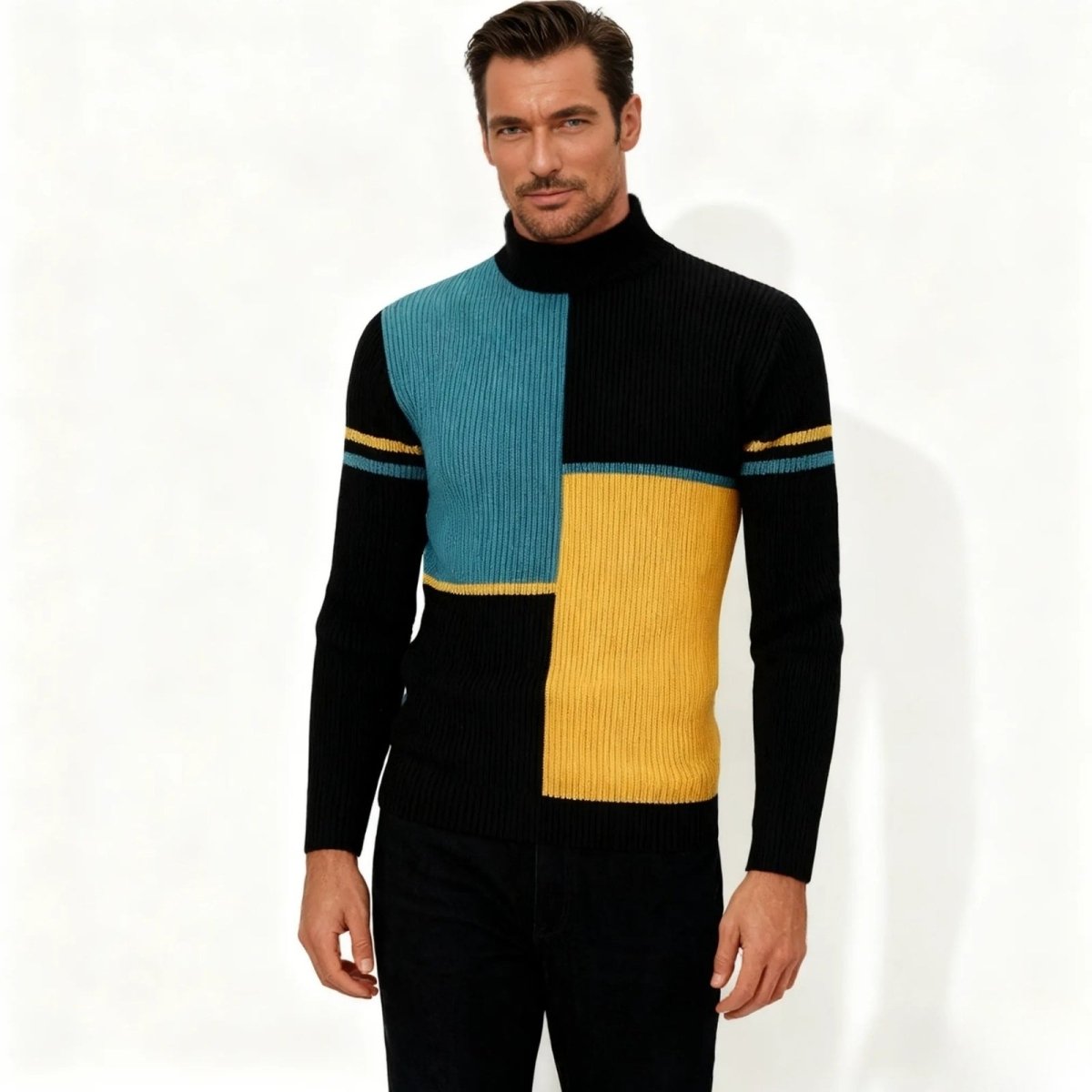 Front view of a man wearing the Kouvr men's slim fit color-block turtleneck sweater in black, teal, and gold.
