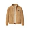 Flatlay product shot of the Kouvr beige corduroy jacket, open to show the full off-white sherpa fleece lining and black brand patch on the chest.