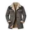 Flat lay of the Kouvr men's grey suede jacket open, displaying the full plush beige sherpa lining, zip detail, and front chest pockets.
