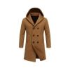 Flatlay product shot of the khaki double-breasted hooded wool overcoat for men, styled with one side open to show the interior. 