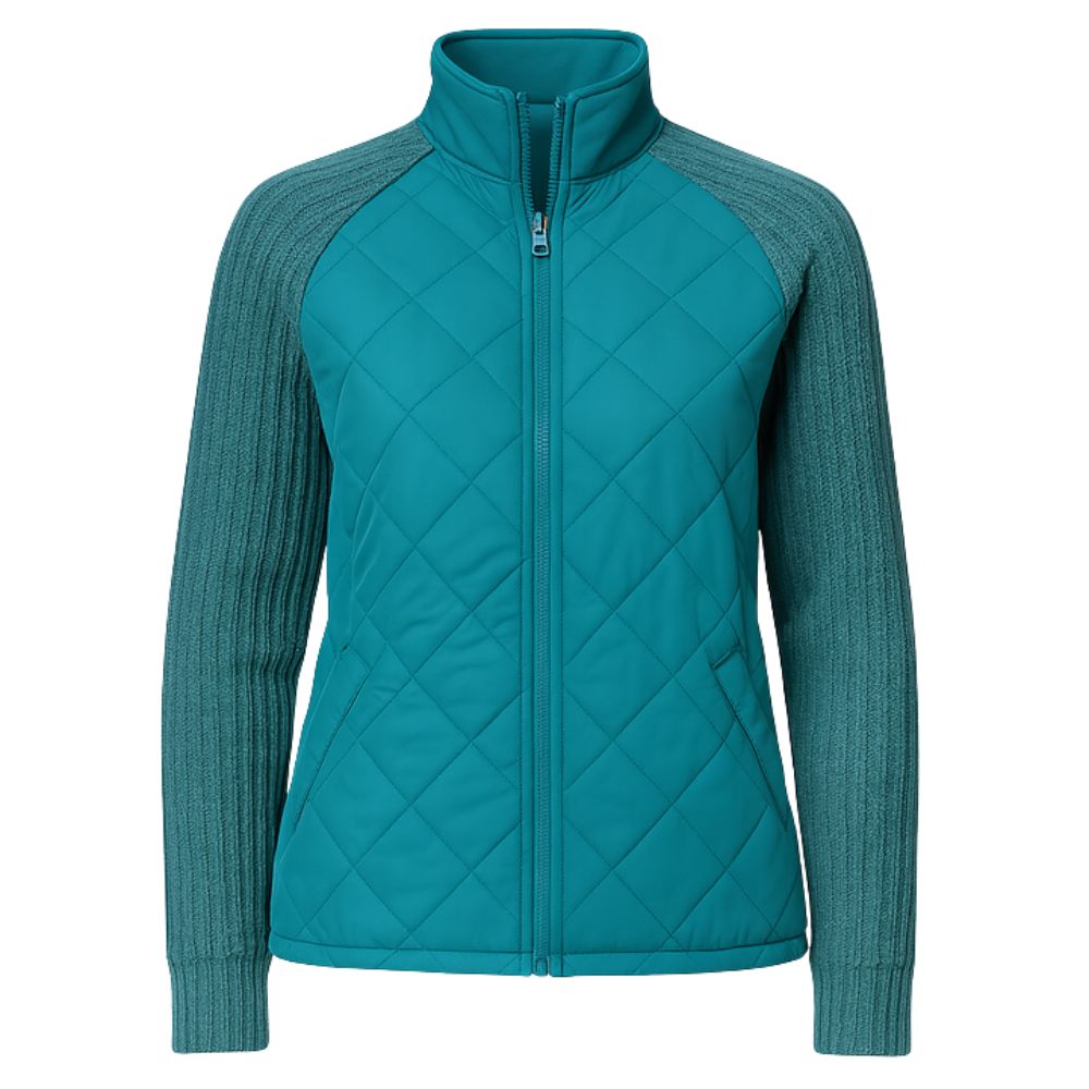 Model wearing the Kouvr Arlington Quilted Hybrid Jacket with blue jeans