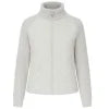 Model wearing the Kouvr Mika hybrid jacket in Heather Gray and Winter White, featuring quilted body and honeycomb knit sleeves, styled with jeans 