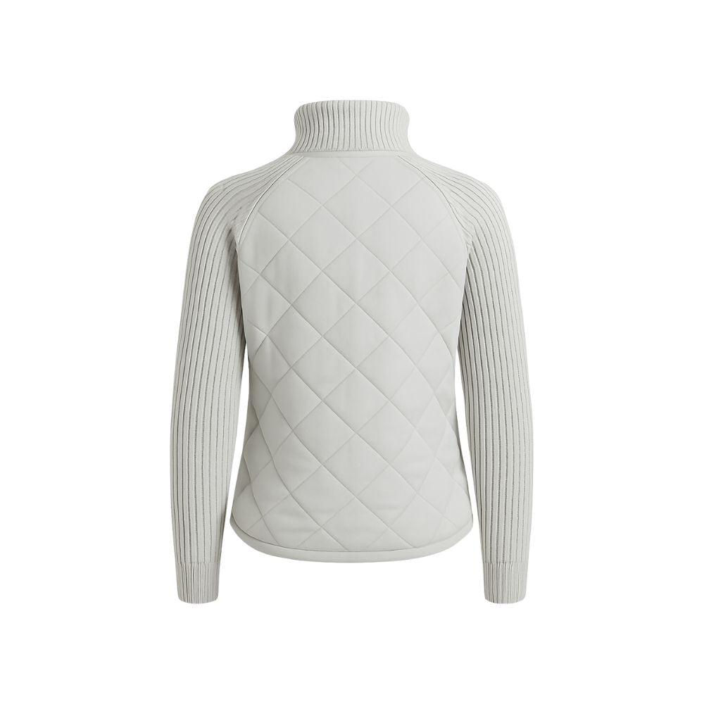 Studio product shot of the back of the gray Kouvr Mika Hybrid Jacket, showing the quilted back panel.

