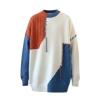 Flatlay studio shot of the Kouvr Miller Patchwork Sweater, showcasing the intricate textures, color-blocking, and exposed stitching details on the front.