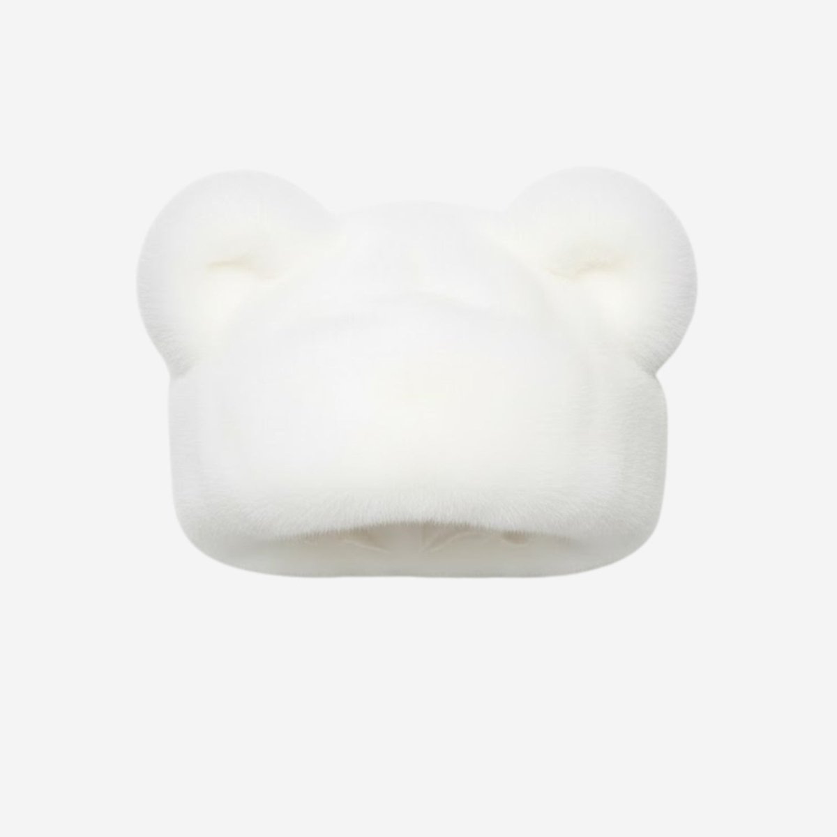 Front view of the Kouvr luxury pearl white mink fur winter hat with statement bear ears.
