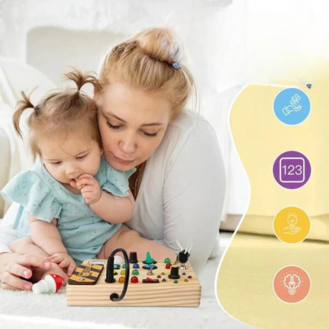 A mother and her young daughter bond while playing together with a wooden Kouvr activity board, with icons highlighting developmental benefits.