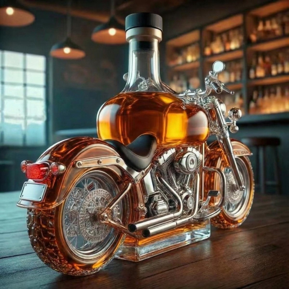 Rear three-quarter view of the Kouvr glass motorcycle decanter, showcasing the seat, rear fender, and detailed engine, presented as a unique gift for men.
