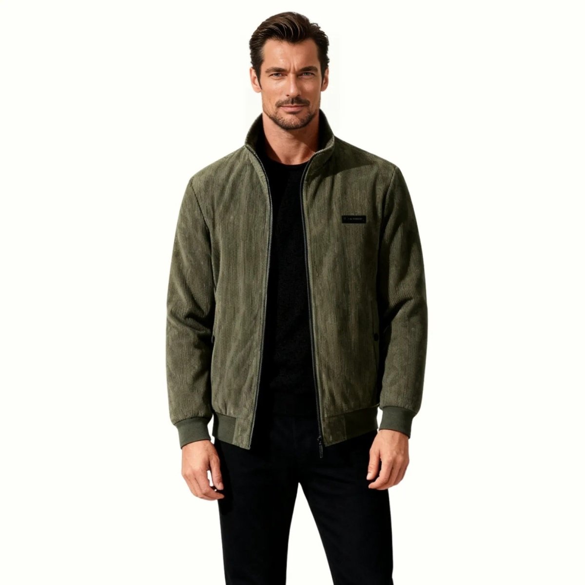 A Kouvr Fashion men's army green corduroy bomber jacket shown open to reveal the dark sherpa fleece lining.