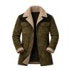 Flatlay product shot of the Kouvr olive suede jacket, open to display the full cream-colored faux shearling lining.