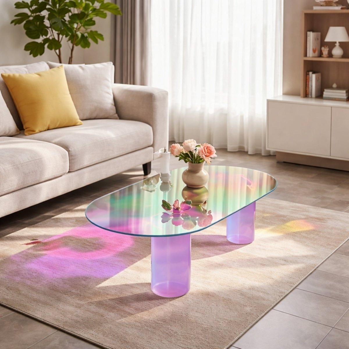 Technical dimension diagram of the Kouvr acrylic table showing 95cm length and 36cm height with curved leg detailing.
