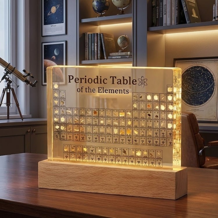 The Kouvr periodic table with real elements displayed as an elegant illuminated decor piece on a sophisticated wooden office desk.