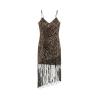 Flat lay product shot of a black silver sequin cocktail dress with a V-neckline and long asymmetric beaded fringe.