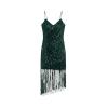 Product photo of an dark green V-neck sequin dress with asymmetrical fringe detail on a white background.&nbsp; kouvr-fashion-black-phaedra-sequin-fringe-dress-flatlay-front.