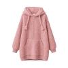 Flat lay product shot of the Kouvr pink knit hoodie, showcasing the braided tassel details and soft wool blend fabric.