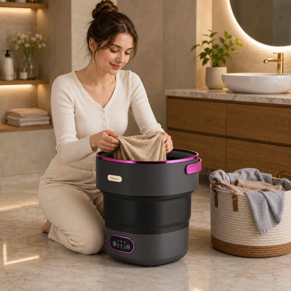 Elegant woman seamlessly washing delicate garments in the Kouvr space-saving foldable luxury mini washer in a modern warm-toned bathroom.
