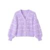 Flatlay product shot of the Kouvr v-neck lilac cardigan, highlighting the fuzzy texture and pearl buttons.