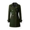 Flat lay product shot of the Kouvr Rachelle double-breasted wool trench coat in forest green, buttoned up.