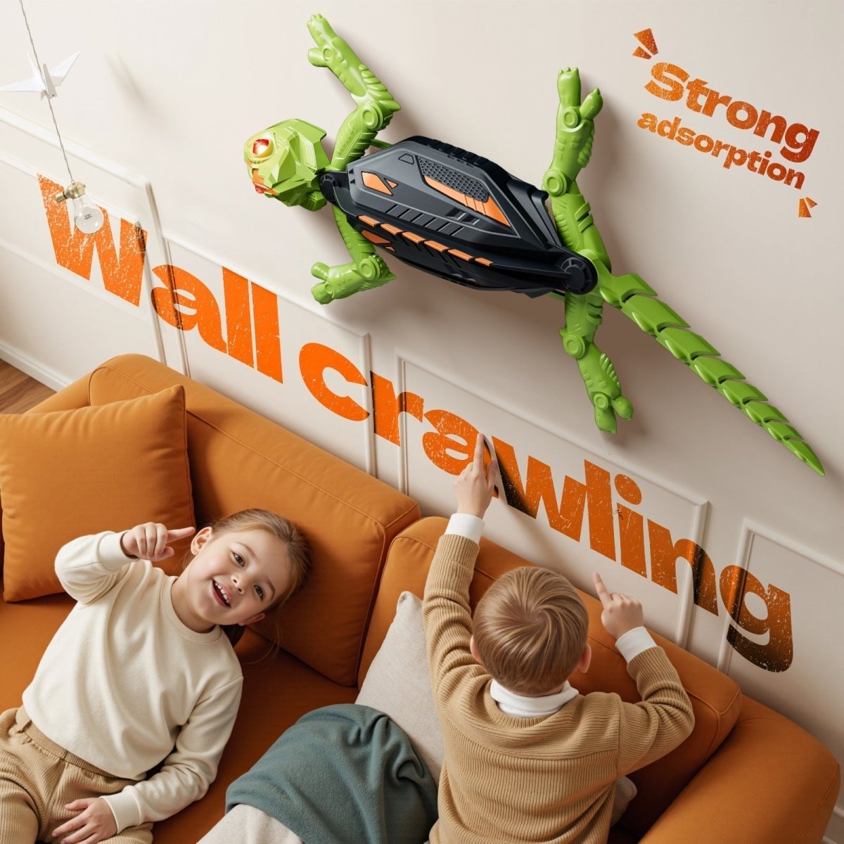 A green and black remote-controlled wall-climbing chameleon toy by Kouvr, shown on a white background with its black and green controller.

