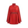Ghost mannequin front view of the Kouvr red high-neck cape coat with its black belt and pearl button detail.