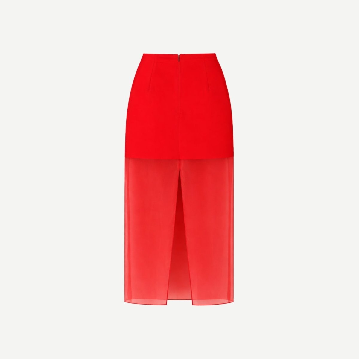 Back view of isolated red sheer overlay maxi skirt showing zipper and slit detail.