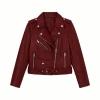 Flat lay of the front of the Kouvr Reshane burgundy faux leather jacket, displaying the silver zippers, snaps, and belted hem on a white background.