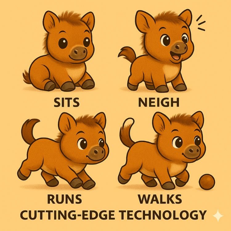 Product specifications sheet for the Robot Pony Interactive Toy sits, neigh, runs, walks. 