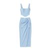 Flat lay of the light blue co-ord set, showing the front of the corset top and draped midi skirt 